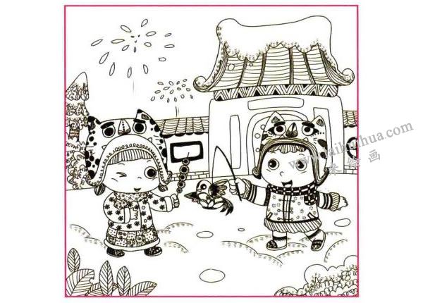 过春节了儿童线描画法步骤04