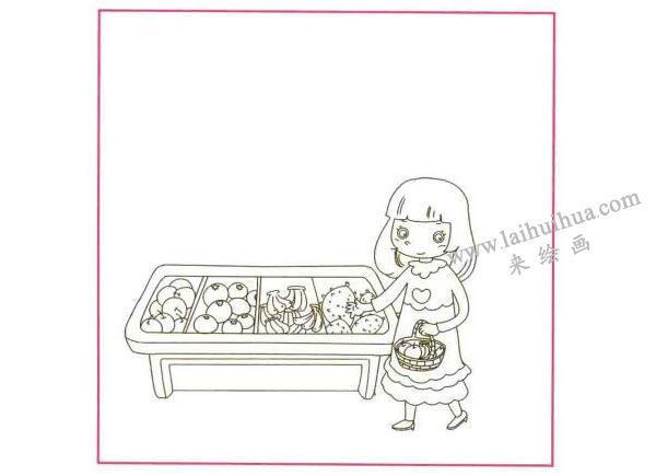买水果的大姐姐儿童线描画法步骤01