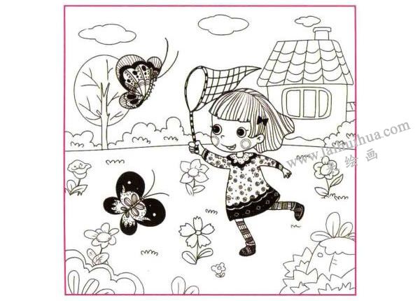 追蝴蝶的小女孩儿童线描画法步骤图示03