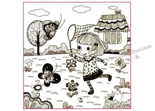 追蝴蝶的小女孩儿童线描画法步骤图示04