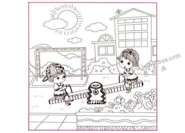 跷跷板儿童线描画法步骤图示03
