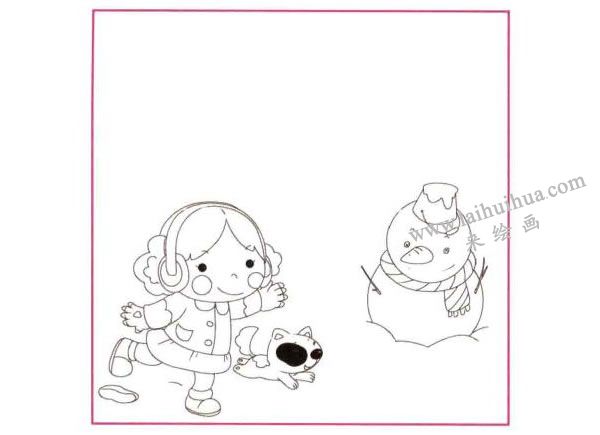 堆雪人儿童线描画法步骤图示01
