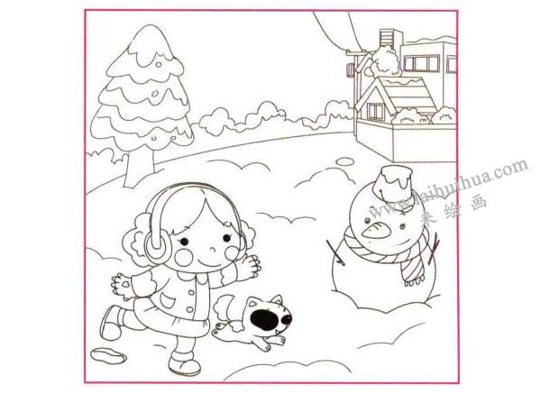 堆雪人儿童线描画法步骤图示02