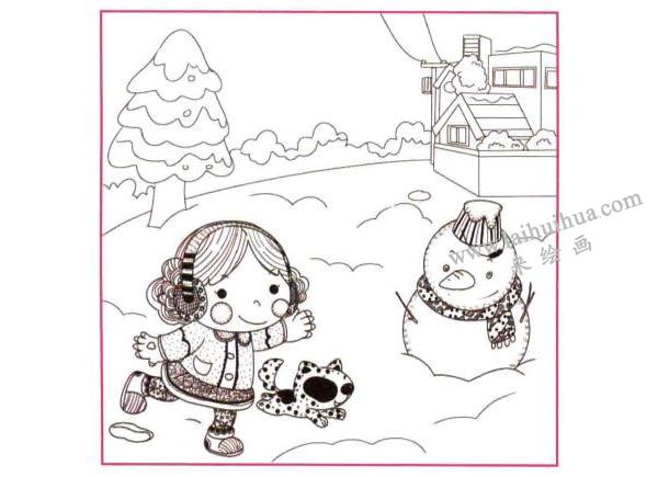 堆雪人儿童线描画法步骤图示03