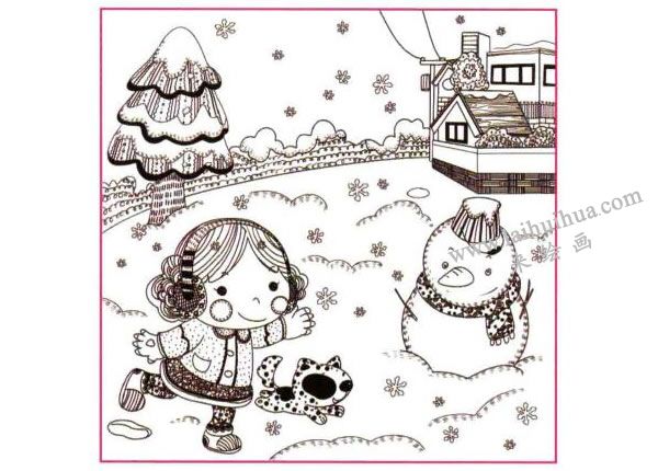 堆雪人儿童线描画法步骤图示04