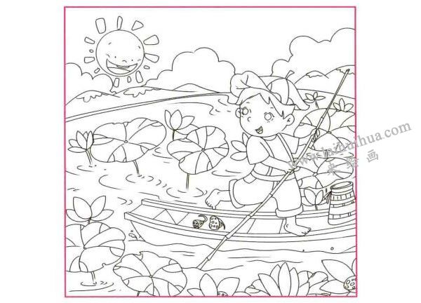 采莲子儿童线描画法步骤图示02