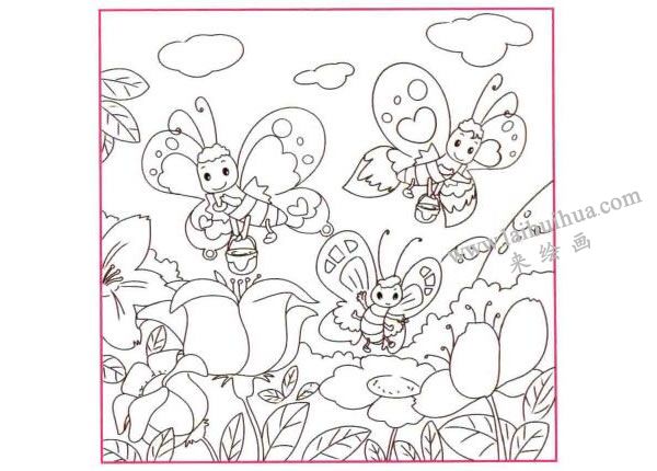 采蜜的花蝴蝶儿童线描画法步骤图示02