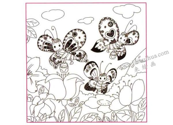 采蜜的花蝴蝶儿童线描画法步骤图示03