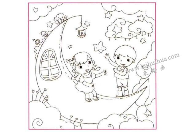 月亮船儿童线描画法步骤图示02