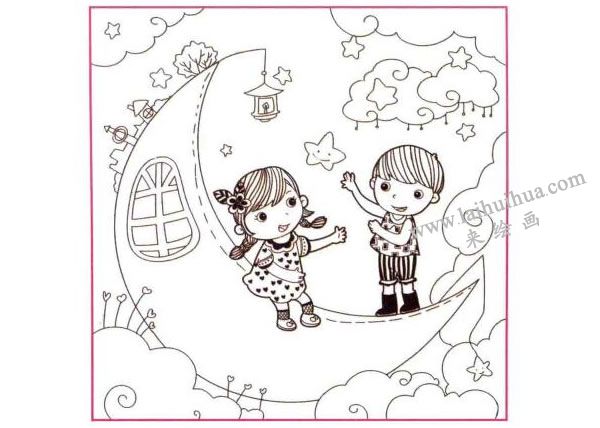 月亮船儿童线描画法步骤图示03