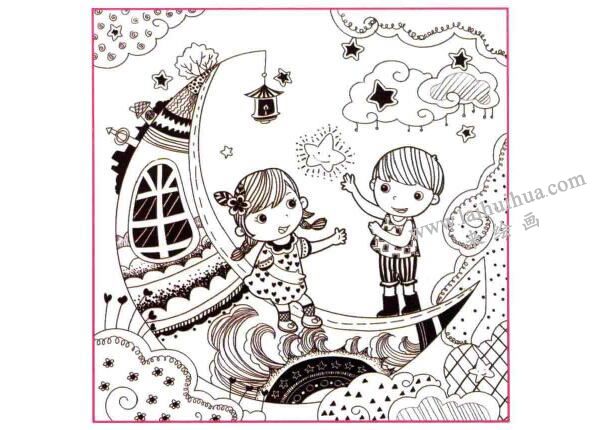月亮船儿童线描画法步骤图示04