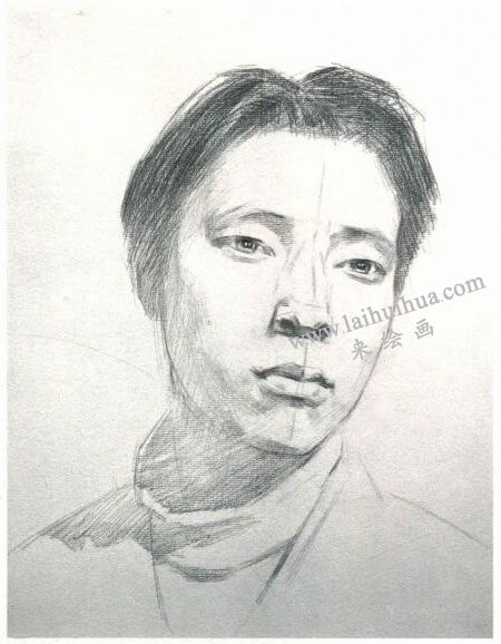 杨国杰青年男子正面肖像素描画法步骤图示02