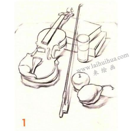 小提琴组合素描画法步骤图示01