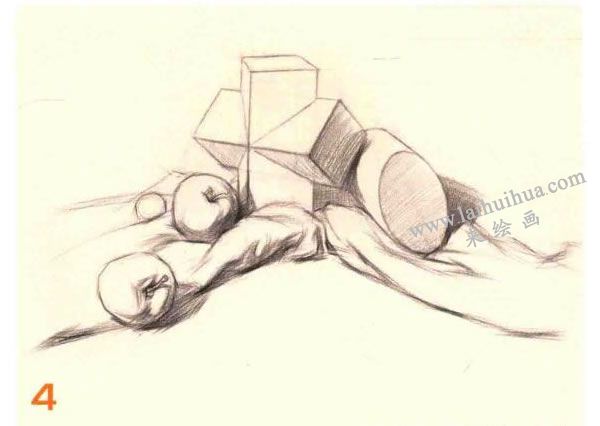 石膏体、水果组合素描画法步骤图示04
