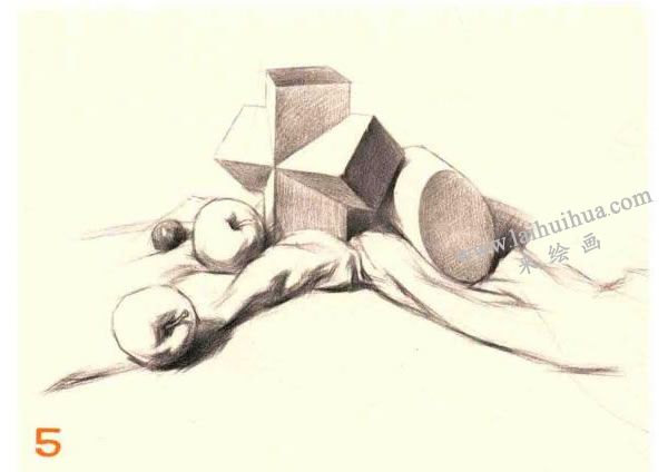 石膏体、水果组合素描画法步骤图示05