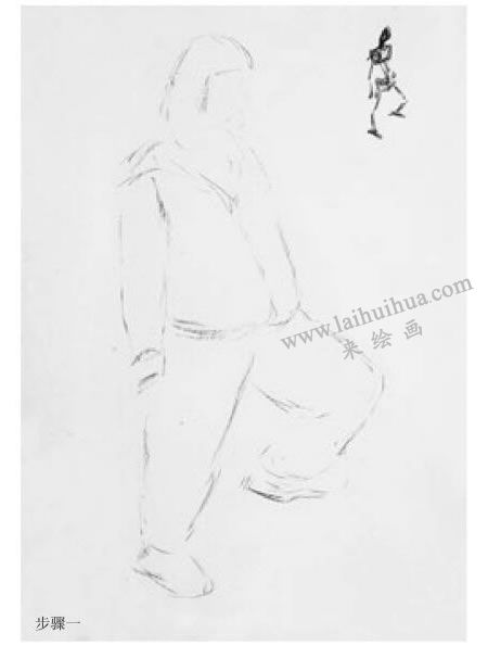 女青年站姿炭笔速写画法步骤图示01