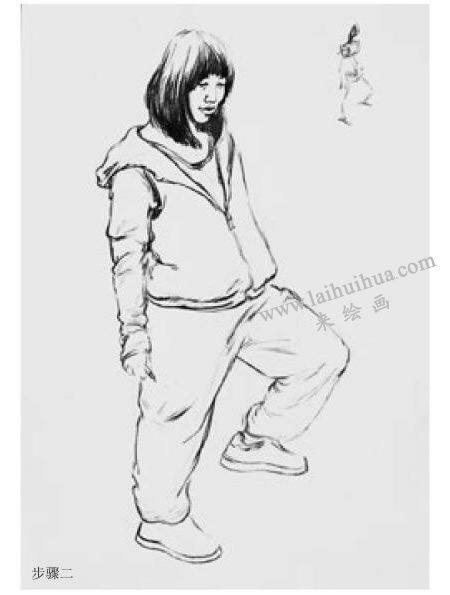 女青年站姿炭笔速写画法步骤图示02