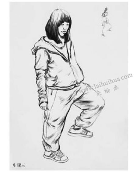 女青年站姿炭笔速写画法步骤图示03