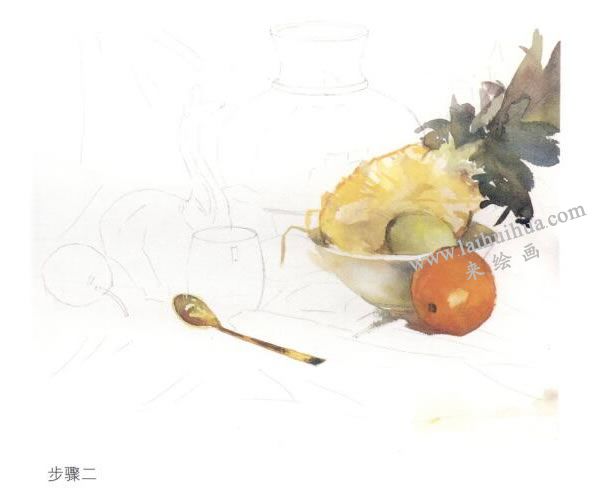 《水果静物组合》水彩画法步骤02