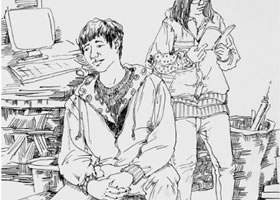 男女青年站坐组合0.7签字笔速写画法