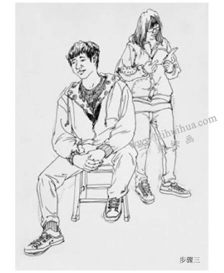 男女青年站坐组合0.7签字笔速写画法步骤图示03