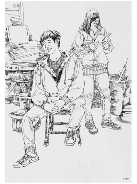 男女青年站坐组合0.7签字笔速写画法步骤图示04