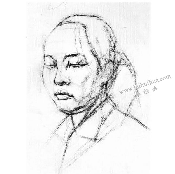 女青年头像结构素描画法步骤图示01