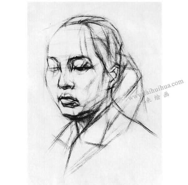 女青年头像结构素描画法步骤图示02