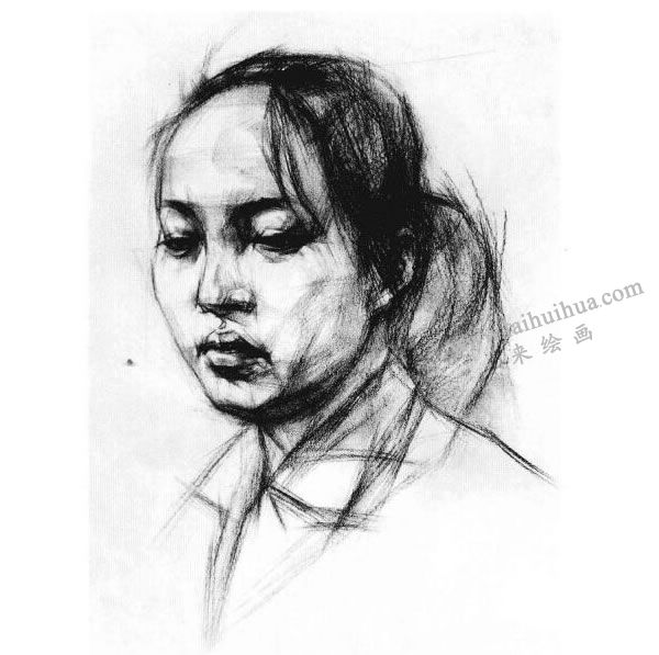 女青年头像结构素描画法步骤图示04