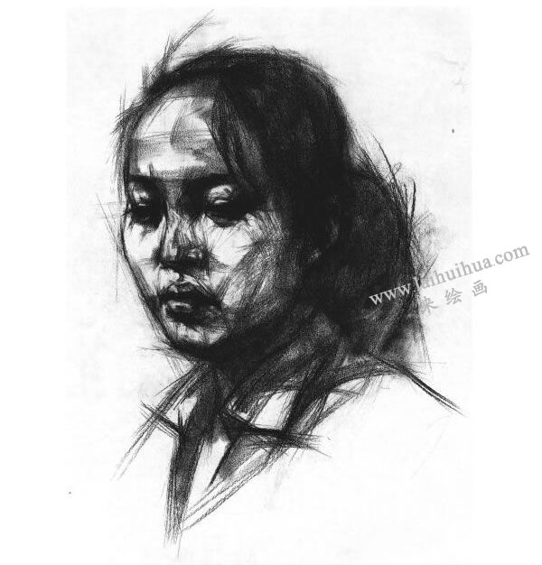 女青年头像结构素描画法步骤图示05