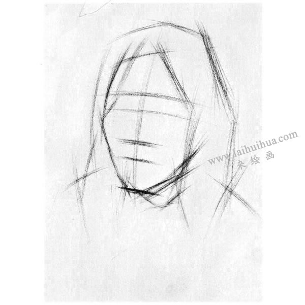 女中年头像结构素描画法步骤图示01