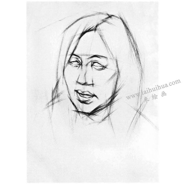 女中年头像结构素描画法步骤图示02