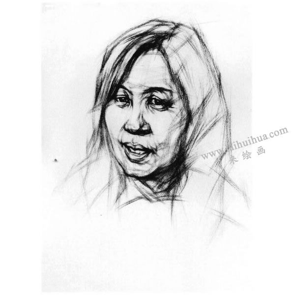 女中年头像结构素描画法步骤图示04