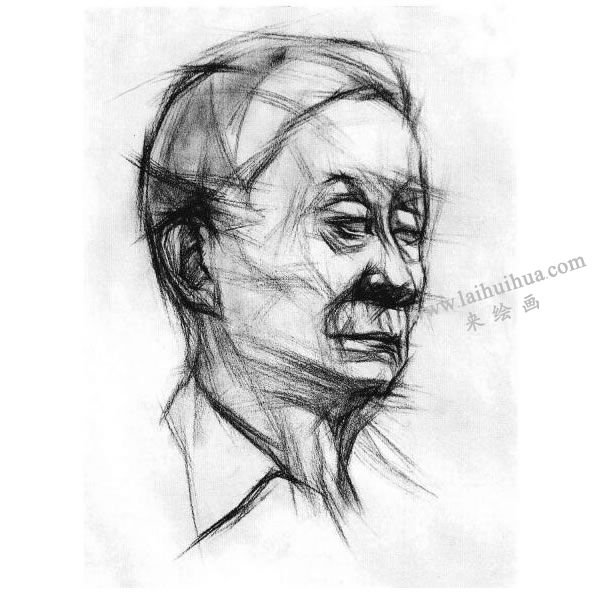老年人头像结构素描画法步骤图示03