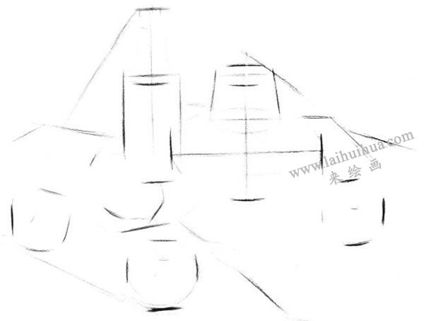 陶罐、酒瓶与水果的结构素描表现步骤01