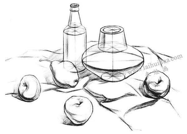 陶罐、酒瓶与水果的结构素描表现步骤03