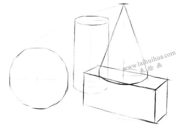 四个几何体组合的结构素描表现步骤02