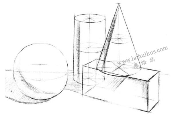 四个几何体组合的结构素描表现步骤03