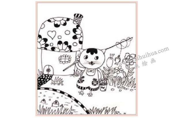 小猫钓鱼儿童装饰画作画步骤图示03