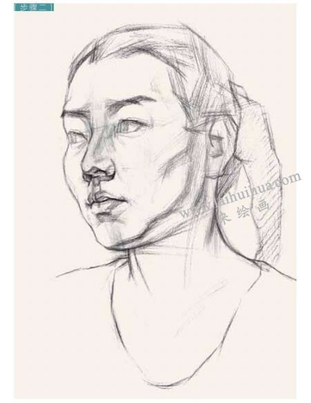 女青年头像结构素描画法步骤图示02