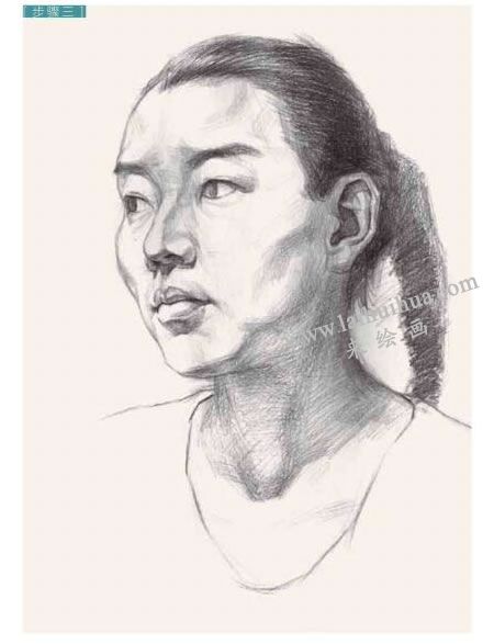 女青年头像结构素描画法步骤图示03