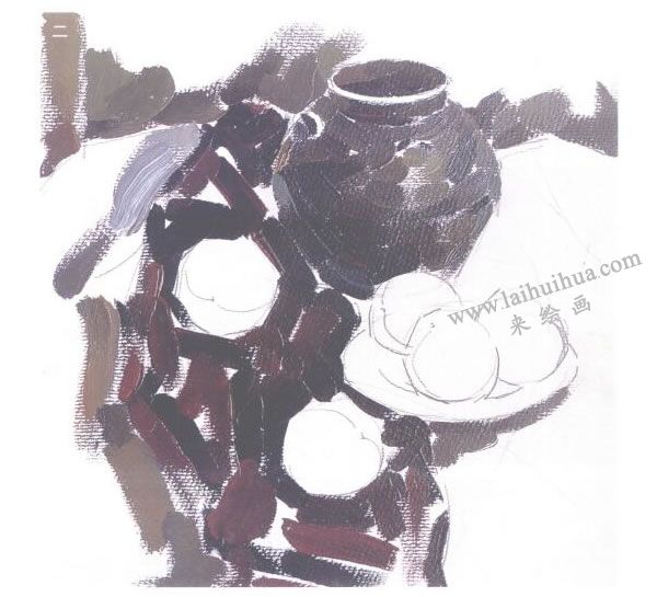 水蜜桃与陶罐水粉画法步骤图示02