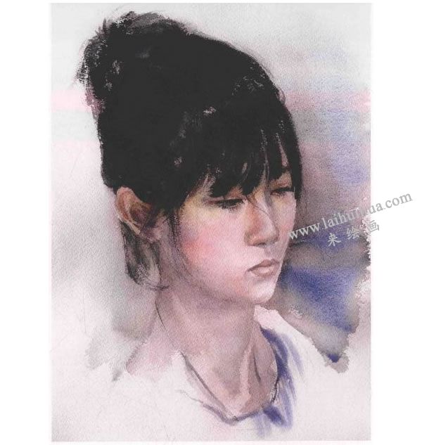 女孩头像水彩画法步骤图示04