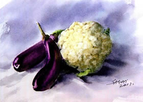 菜花与茄子水彩画法