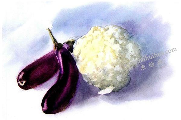 菜花与茄子水彩画法步骤图示05