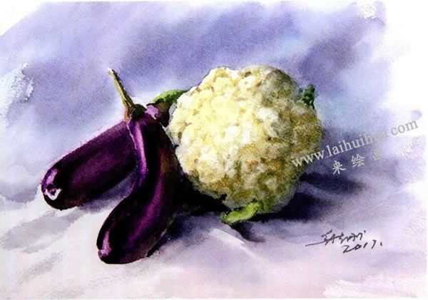 菜花与茄子水彩画法步骤图示06