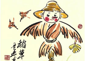 稻草人儿童水墨画法