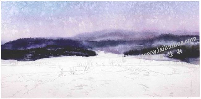 冬雪的水彩画法步骤图示03