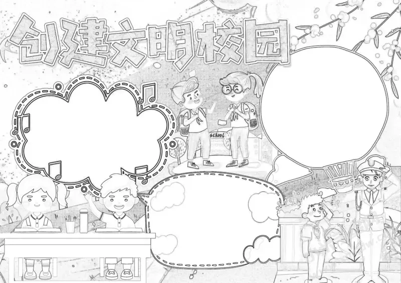创建文明校园手抄报黑白线稿.webp